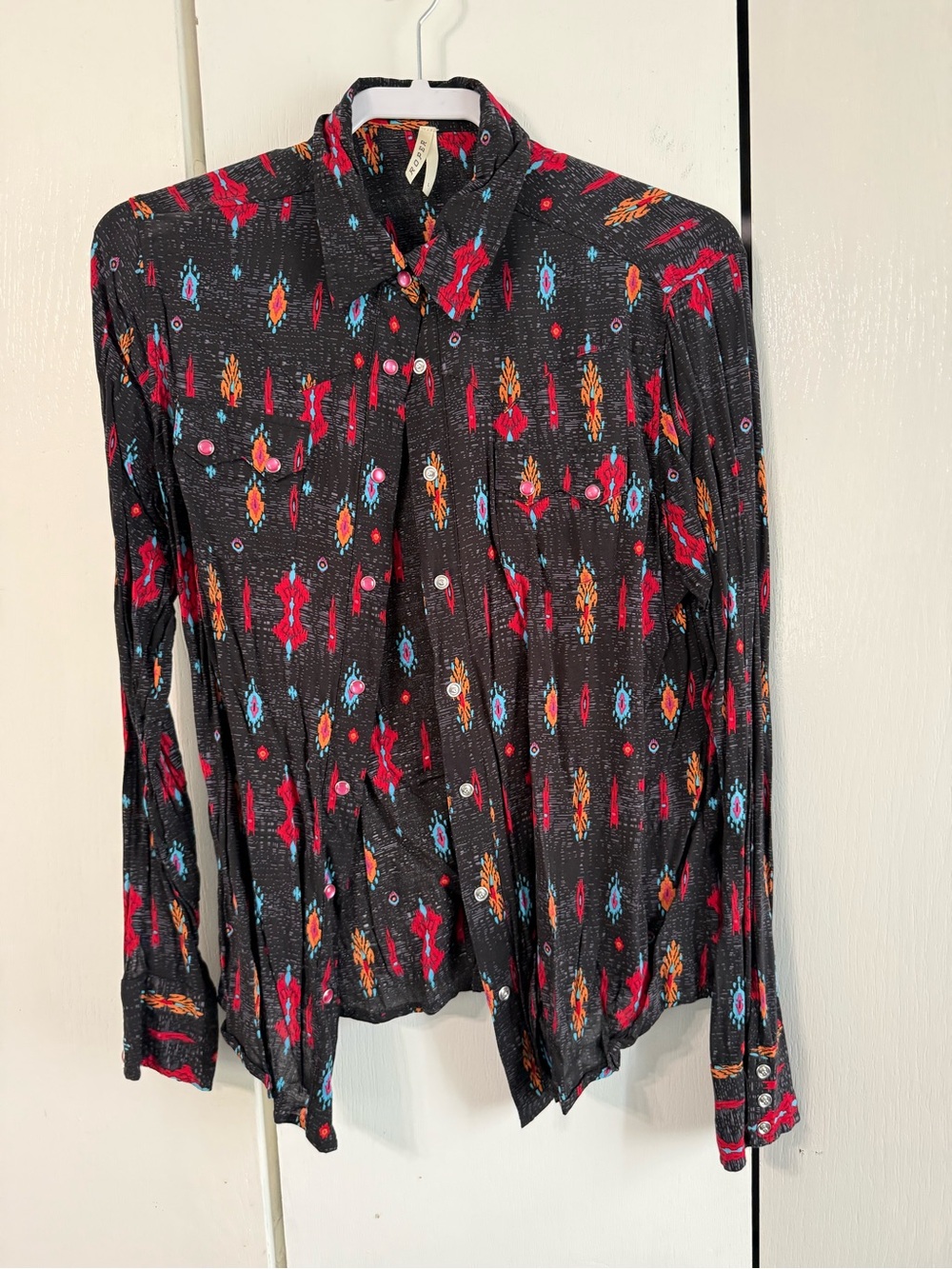 Roper Black Button-Down Shirt with Red, Turquoise & Orange Print